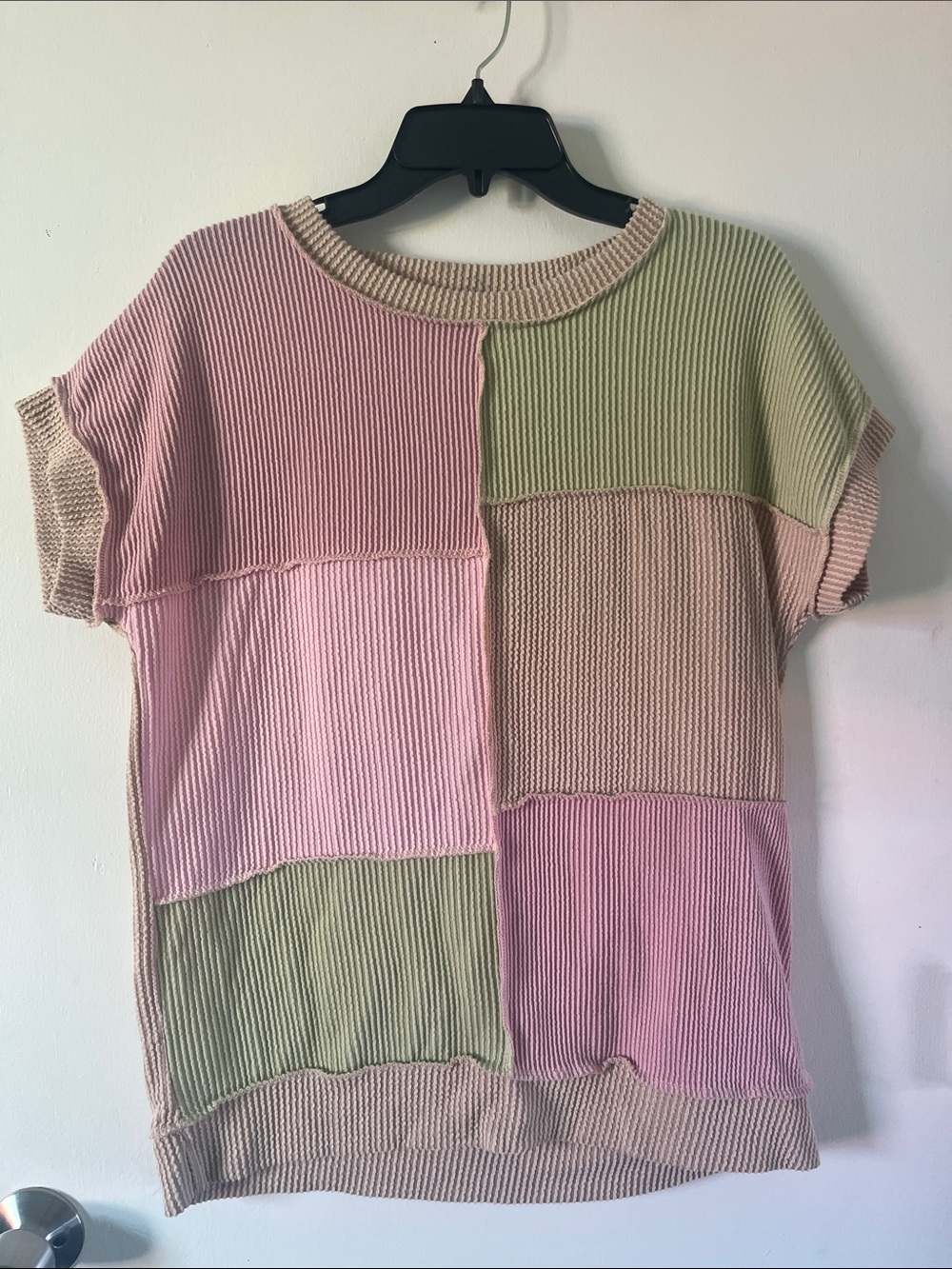 7th Ray Pink & Light Green Patchwork Knit Top